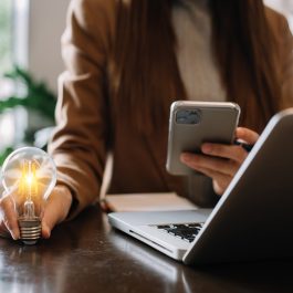 Businesswoman holding and putting lightbulb on coins stack on table for saving energy and money concept
Idea saving energy and accounting finance concept