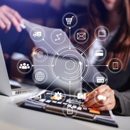 Co working team meeting concept,business with smart phone and laptop and digital tablet computer in office with virtual interface icons network diagram