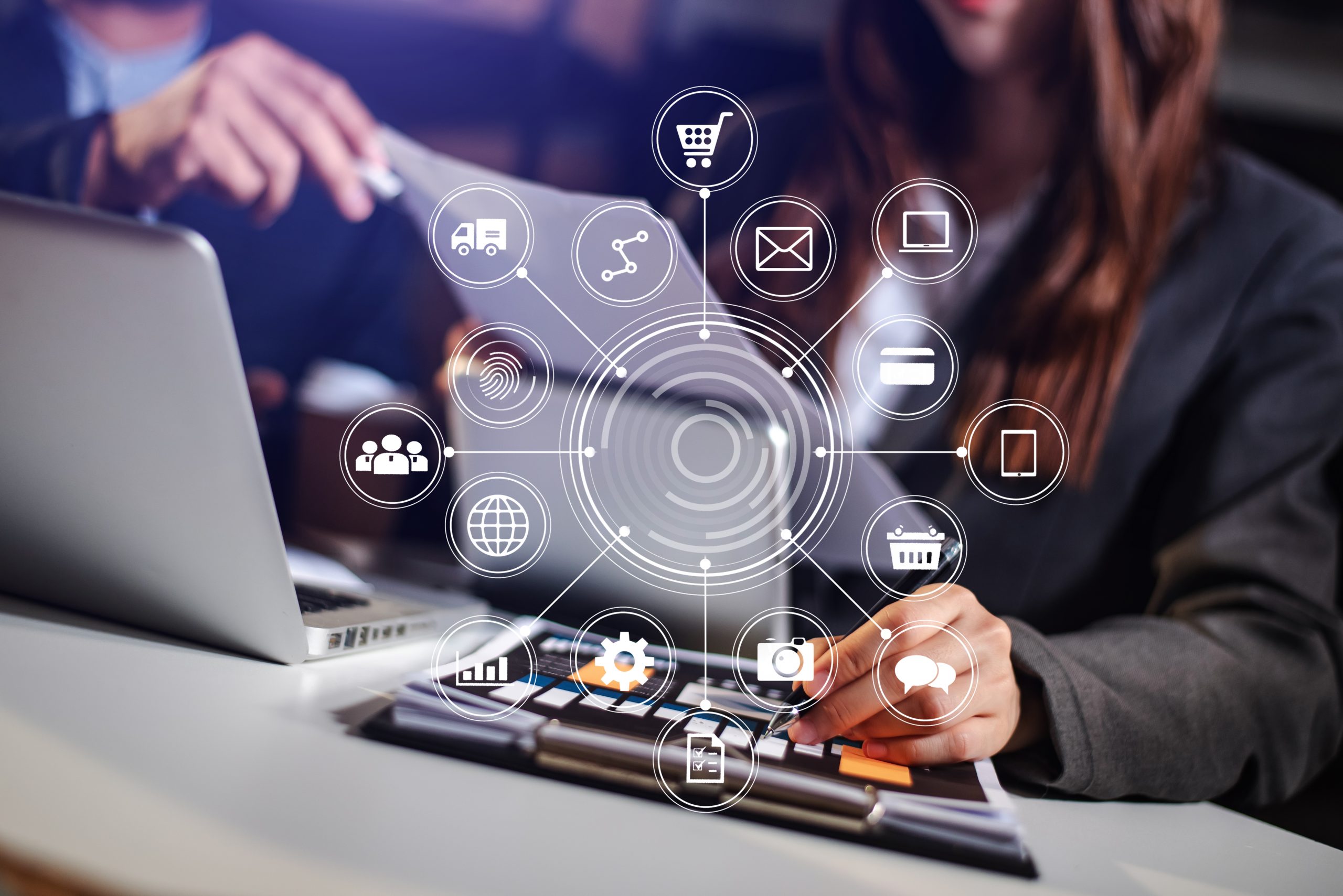 Co working team meeting concept,business with smart phone and laptop and digital tablet computer in office with virtual interface icons network diagram